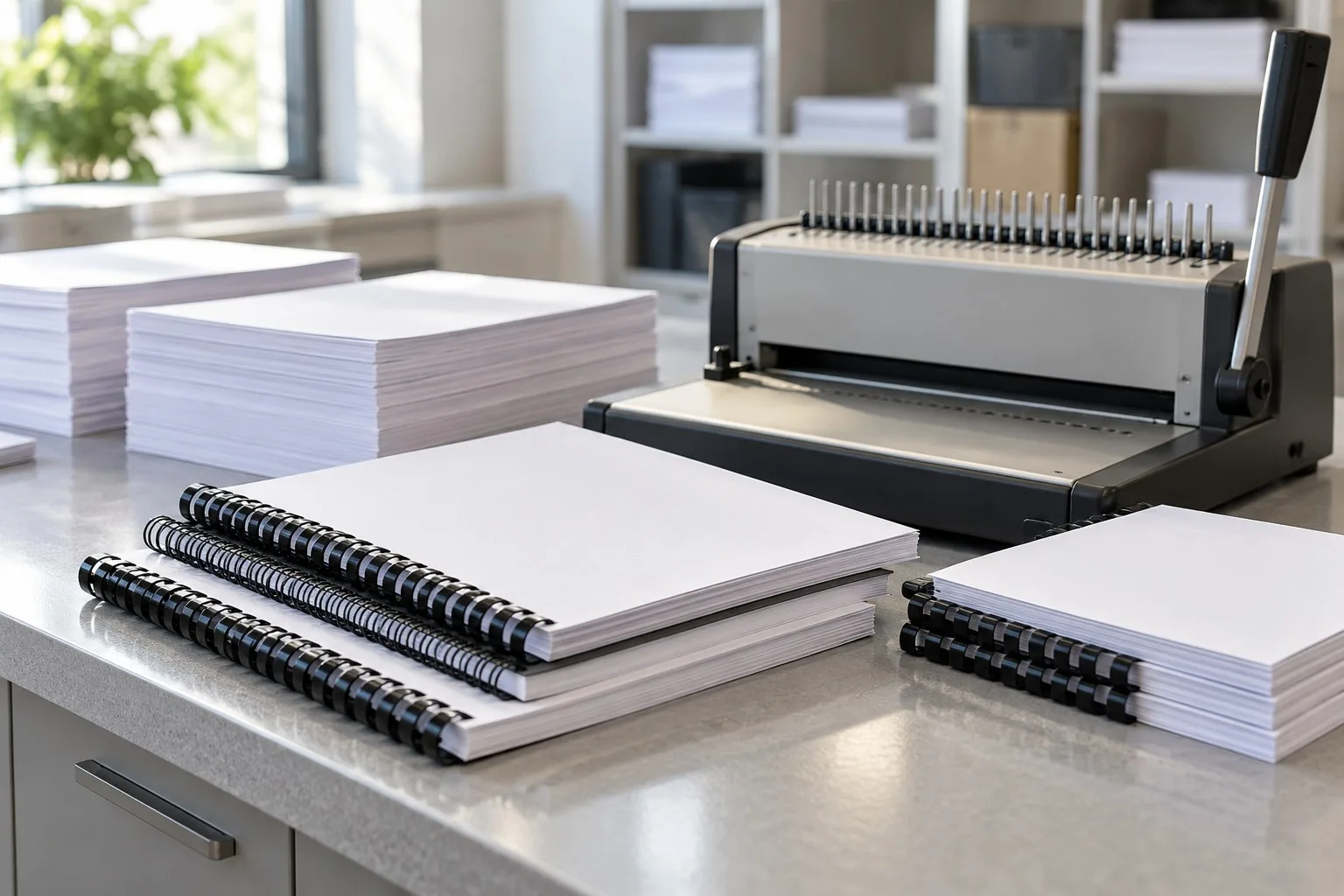 Unbedruckte gebundene Dokumentenmuster und Papierstapel neben einer Bindemaschine.